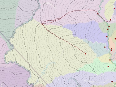 Map of paths with the same cost starting at the same destination but traveling to different sources